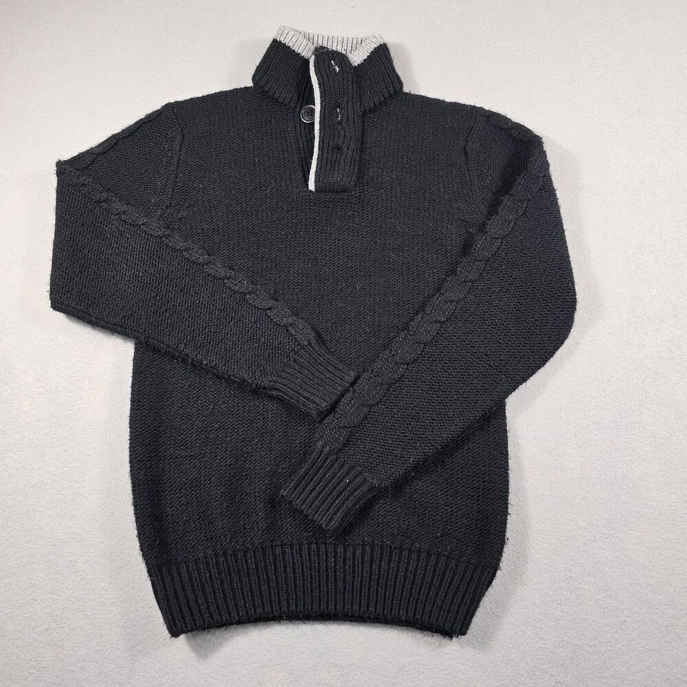 Bleu Ice Men's Black Small 3-Button Mock Neck Sweater Cable Knit Gray Collar